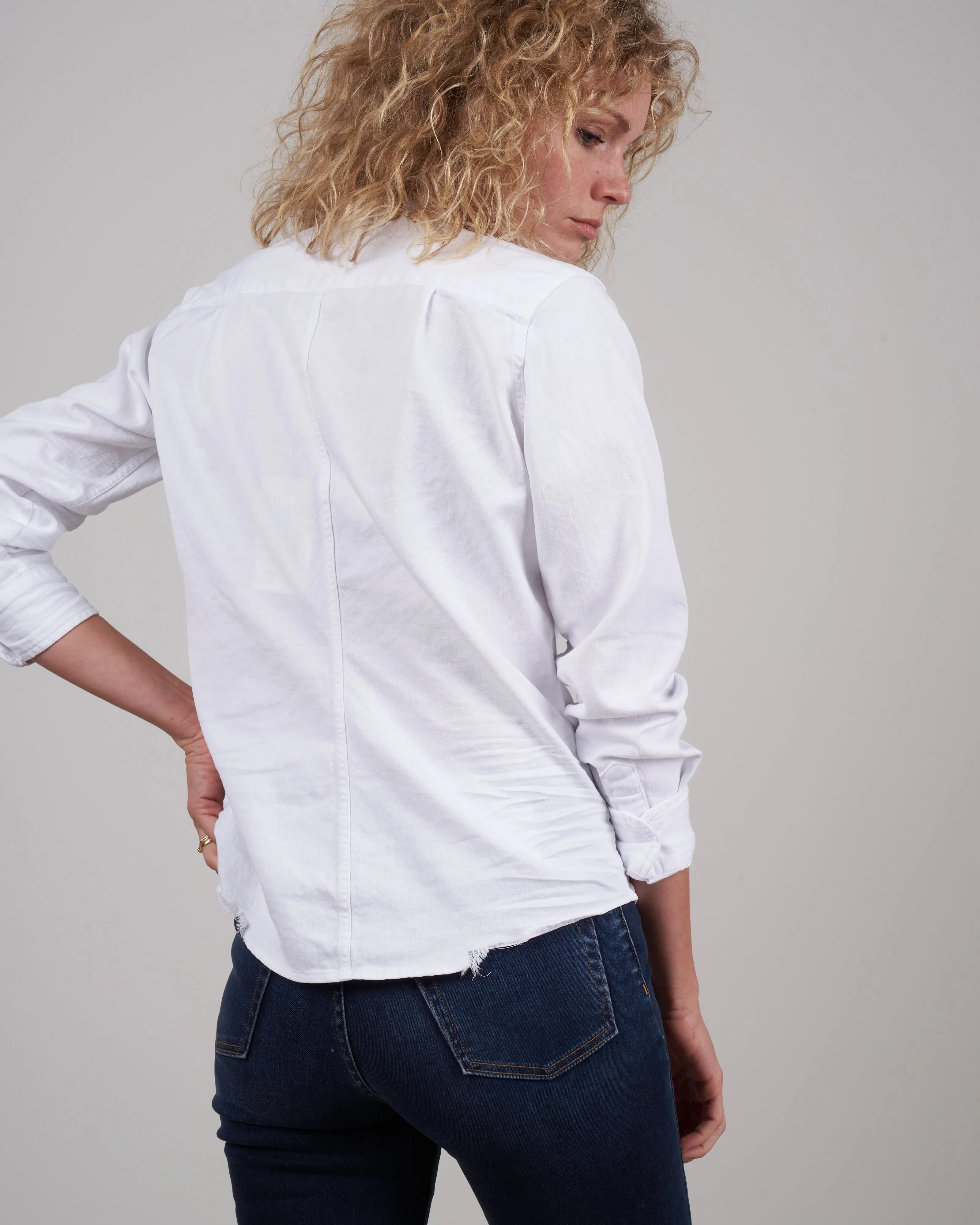 barry woven button up - white tattered wash denim