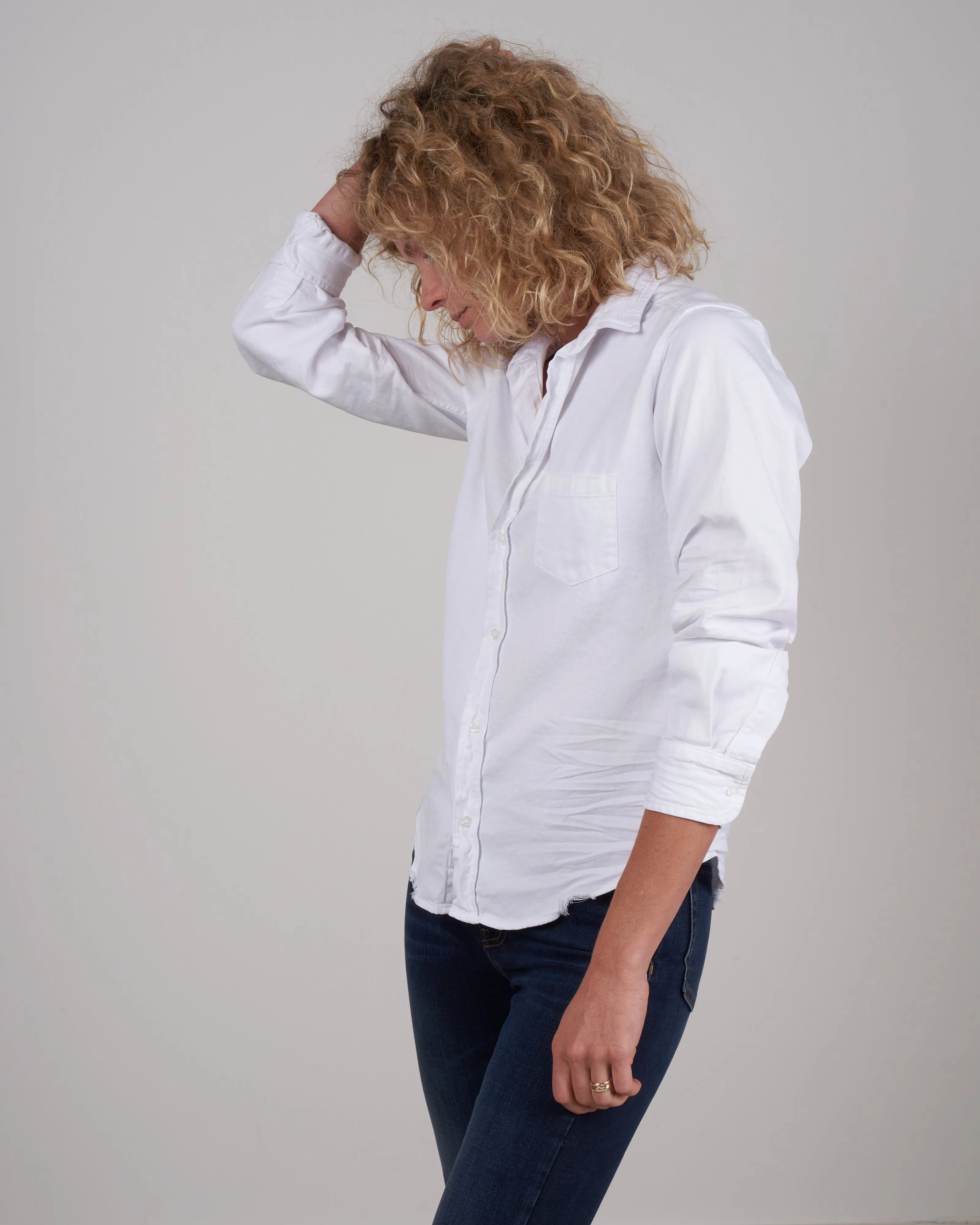 barry woven button up - white tattered wash denim