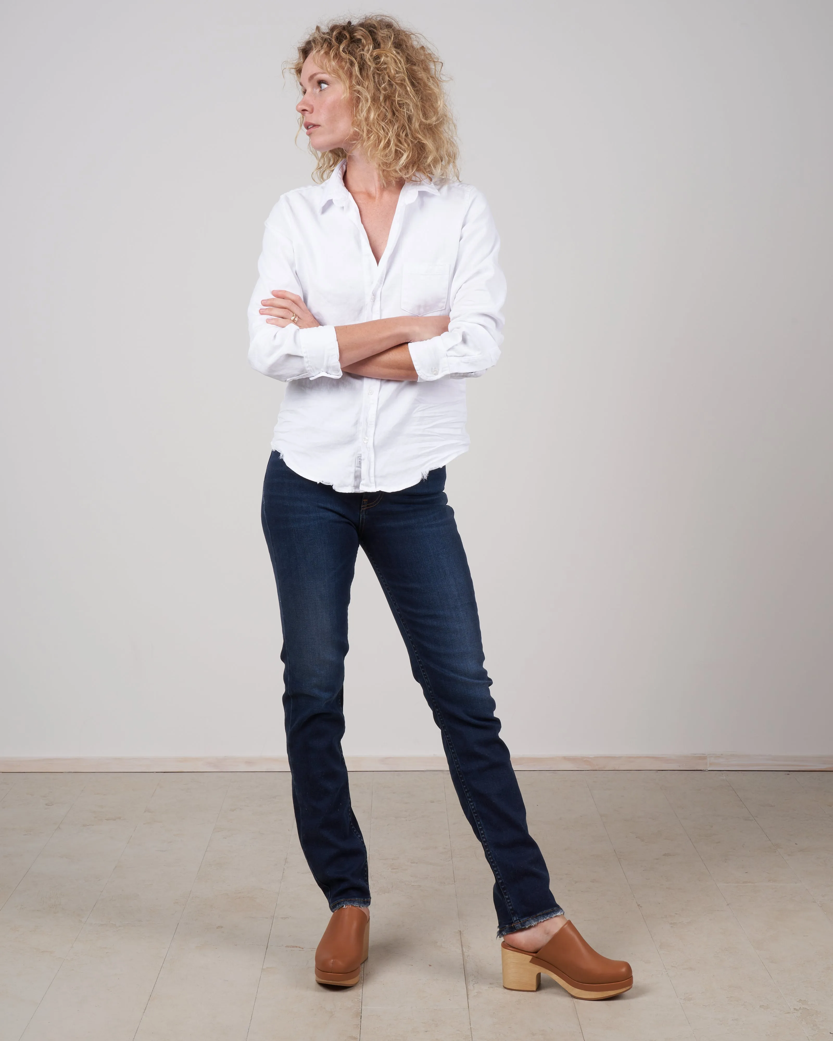 barry woven button up - white tattered wash denim