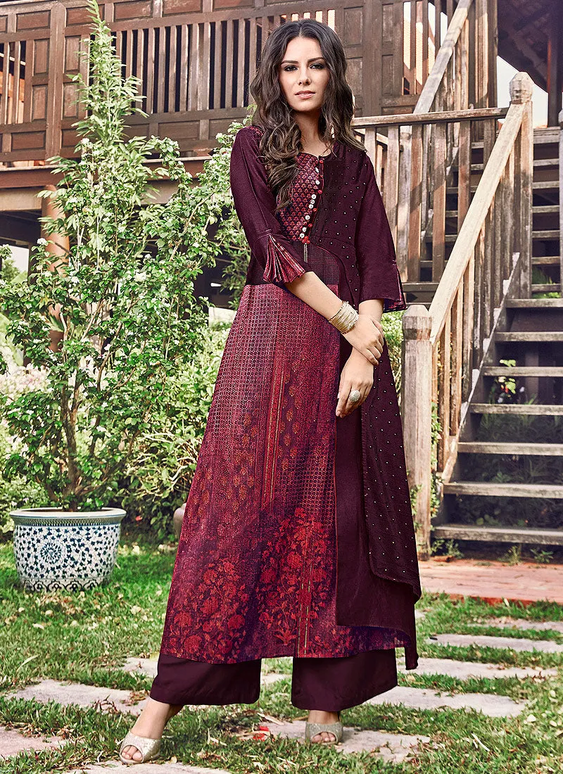 Deep Marron Printed And Embroidered Kurti