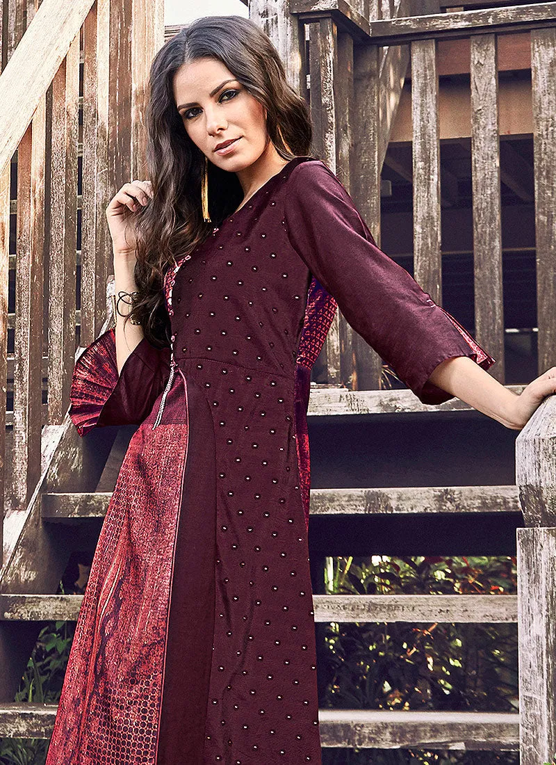 Deep Marron Printed And Embroidered Kurti