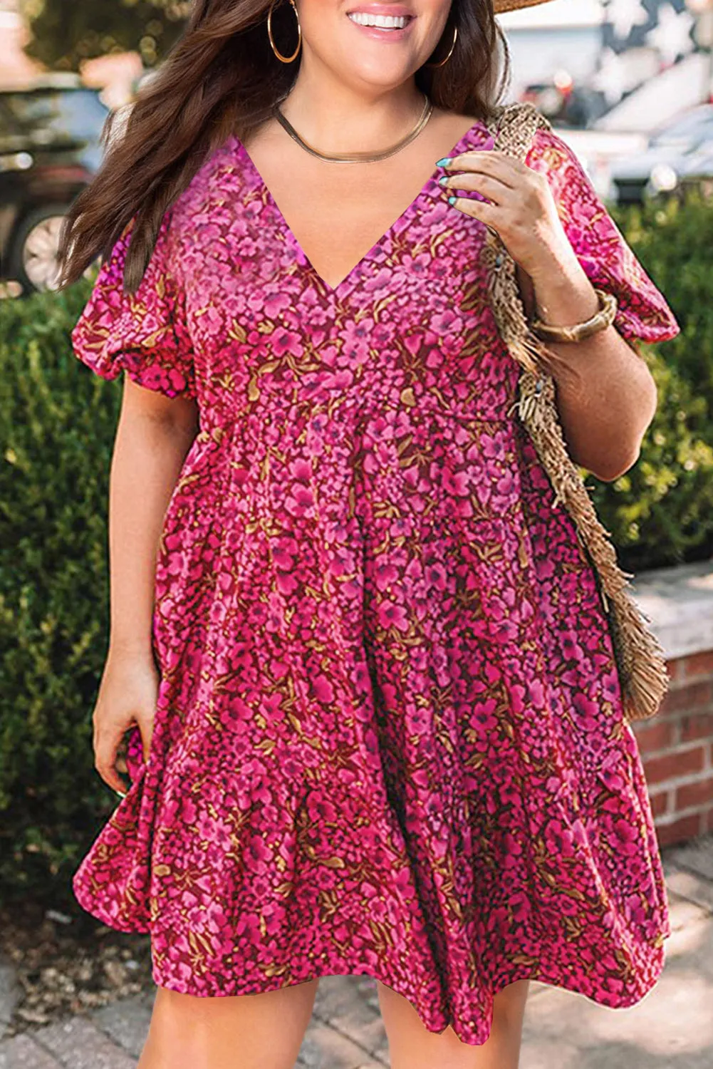 Floral Print Tiered Flutter Sleeve V Neck Top