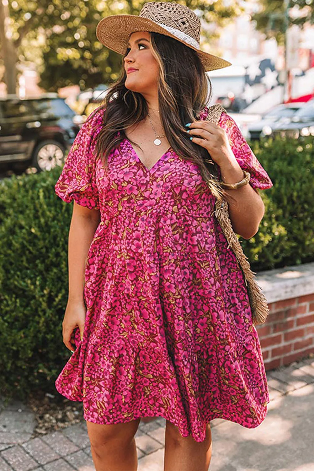 Floral Print Tiered Flutter Sleeve V Neck Top