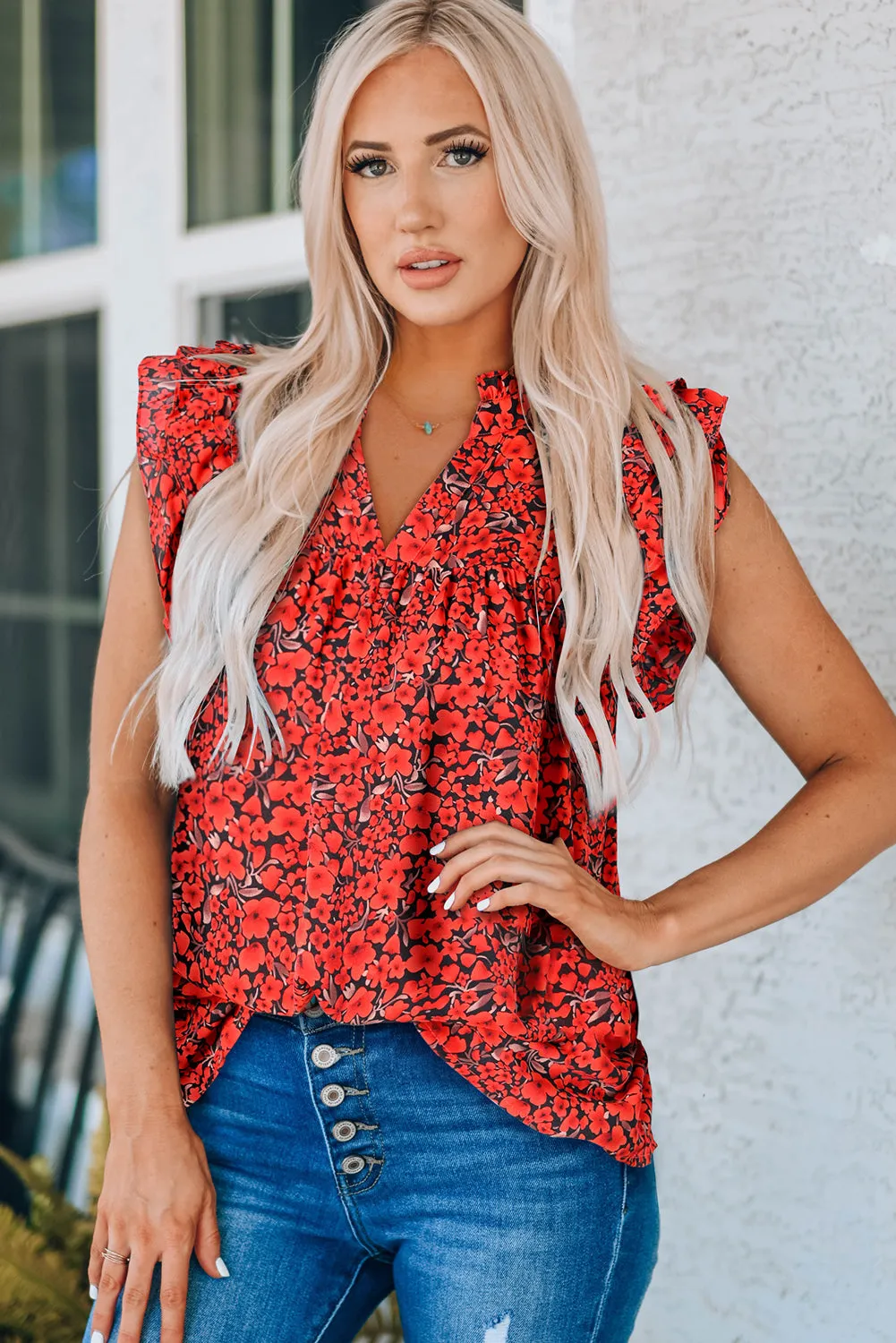 Floral Print Tiered Flutter Sleeve V Neck Top
