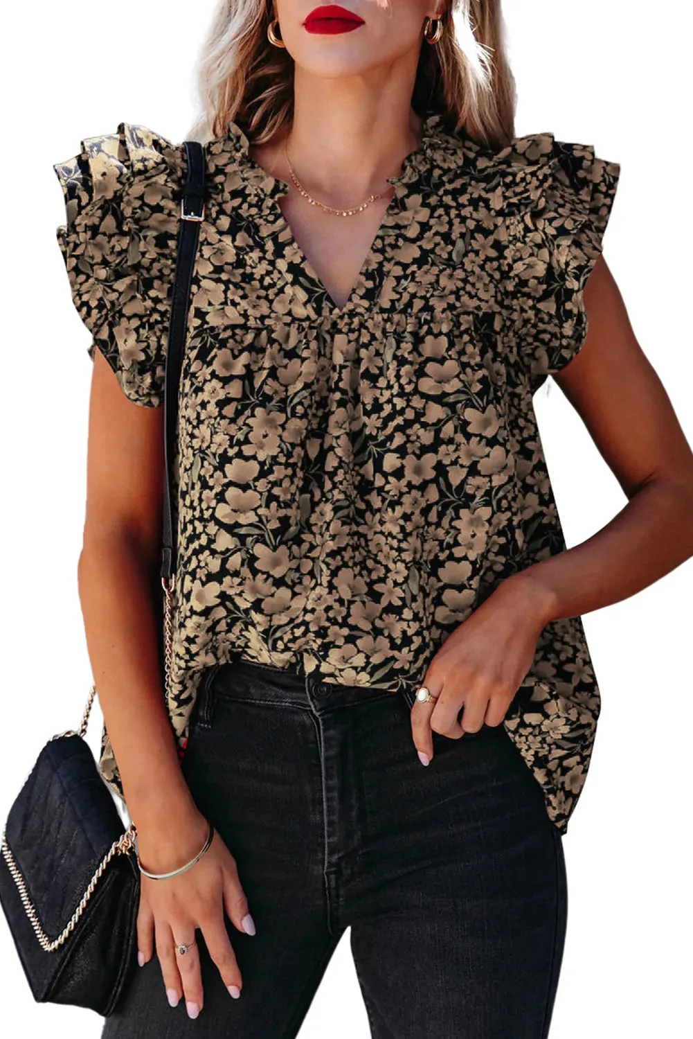 Floral Print Tiered Flutter Sleeve V Neck Top