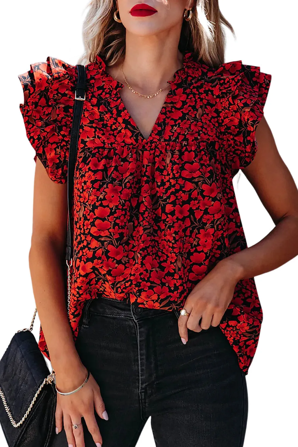 Floral Print Tiered Flutter Sleeve V Neck Top