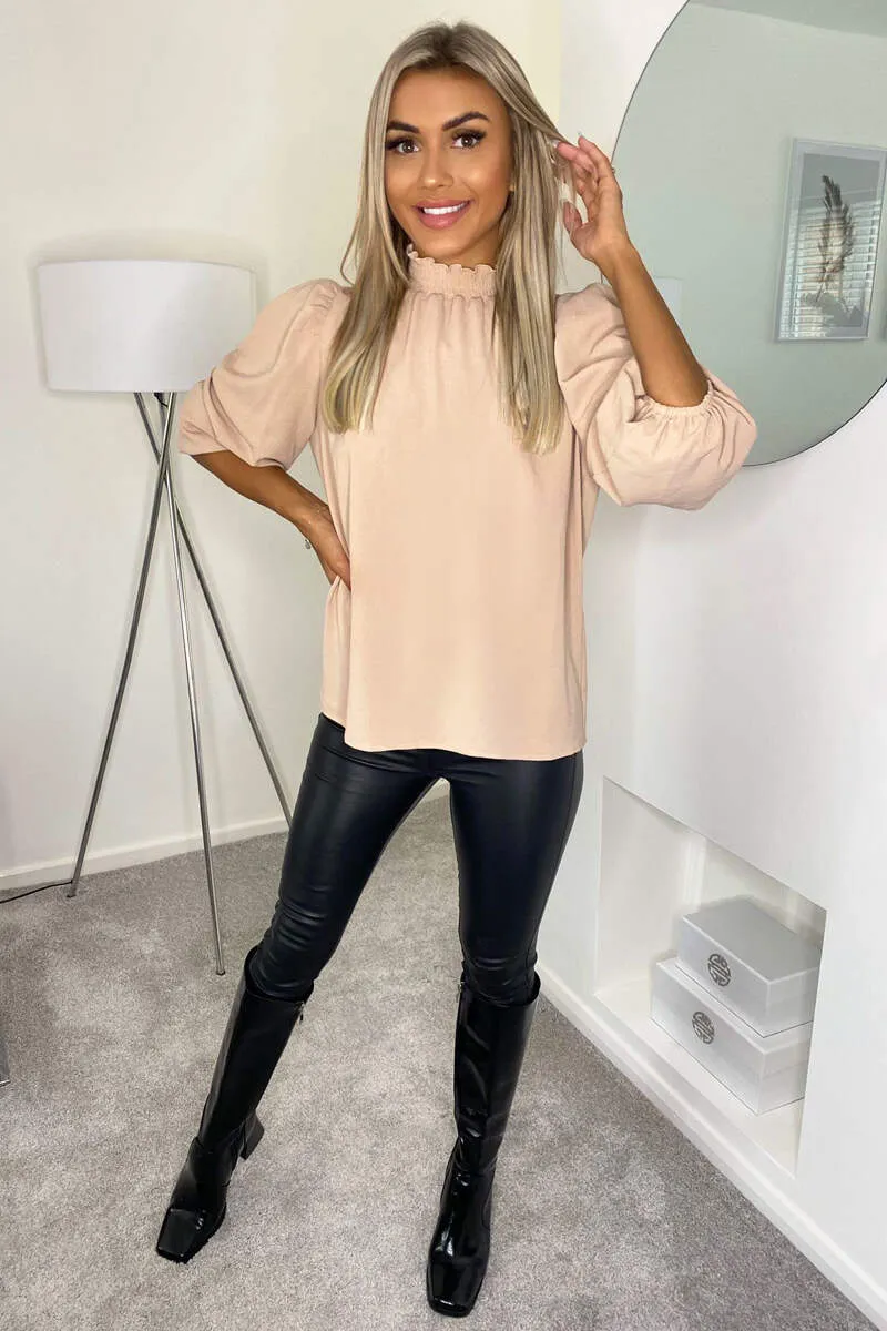 Nude Elasticated Neck Puff Sleeve Blouse