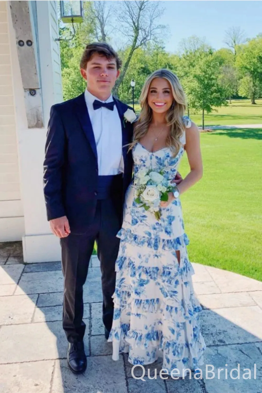 Pretty Blue and White A-line V Neck Long Party Dress Long Prom Dresses to Impress with Slit ,WGP1406