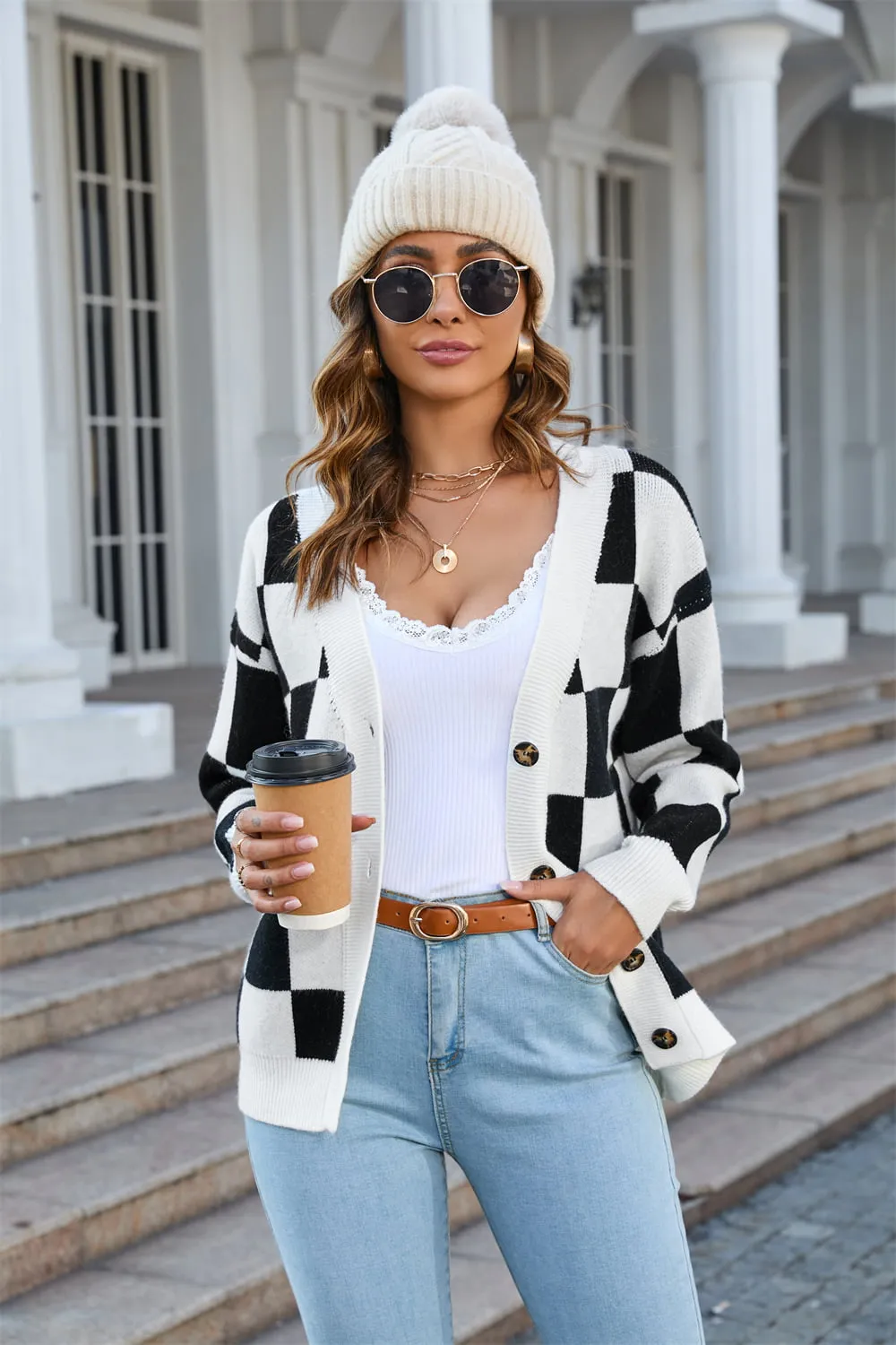 V-NECK CHECK CARDI