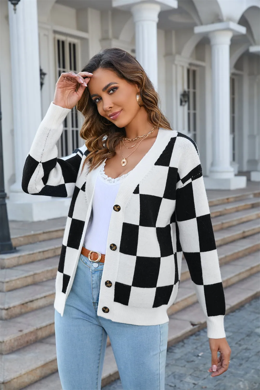 V-NECK CHECK CARDI