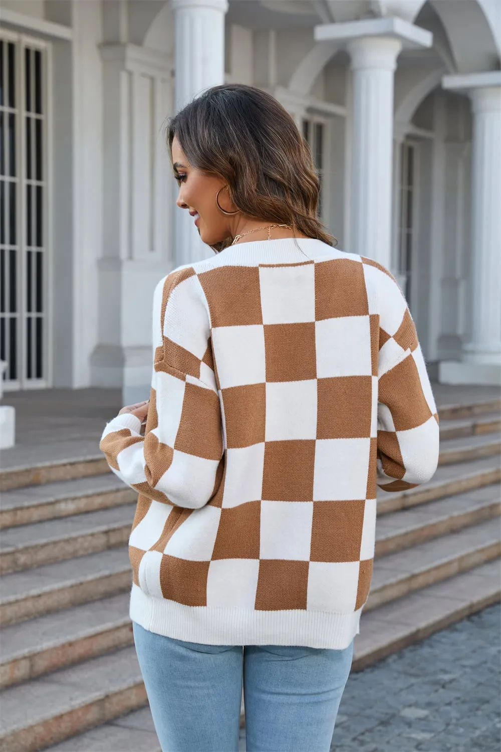 V-NECK CHECK CARDI