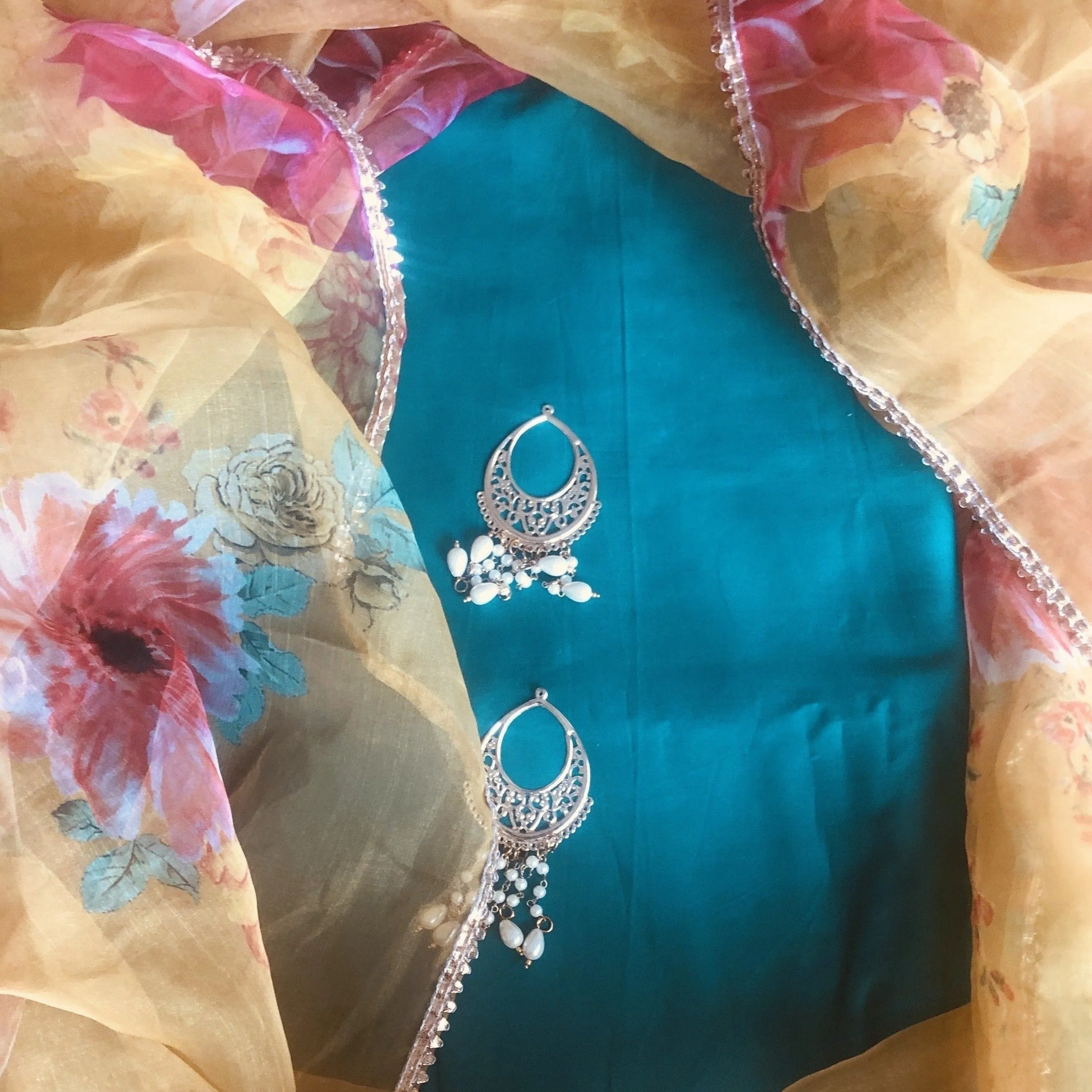 Yellow and Blue Organza Dupatta Salwar Suit